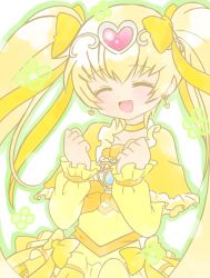 Rule 34 | 1girl, bad id, bad pixiv id, blonde hair, bow, brooch, bubble skirt, choker, circlet, color connection, cosplay, crossover, cure muse, cure muse (cosplay), cure muse (yellow), cure muse (yellow) (cosplay), cure sunshine, dress, earrings, closed eyes, frills, heart, heart brooch, heartcatch precure!, jewelry, koharu703, long hair, magical girl, myoudouin itsuki, open mouth, precure, ribbon, skirt, smile, solo, suite precure, twintails, white background, yellow bow, yellow dress, yellow skirt, yellow theme