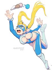 Rule 34 | 1girl, absurdres, alt text, artist name, ass, blonde hair, blue eyes, blue leotard, boots, breasts, cleavage, clothing cutout, dated, food, full body, highres, ice cream, large breasts, leotard, long hair, long sleeves, mask, open mouth, quasimodox, rainbow mika, shoulder cutout, solo, street fighter, street fighter zero (series), sweatdrop, tripping, twintails, white background, wrestling outfit