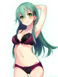 Rule 34 | 10s, 1girl, :&gt;, aqua hair, arm behind head, armpits, blush, bow, bow panties, bra, breasts, cleavage, cowboy shot, green eyes, hair ornament, hairclip, hand on own hip, kantai collection, long hair, looking at viewer, narrow waist, panties, purple bra, purple eyes, purple panties, remodel (kantai collection), shirokitsune, simple background, smile, solo, standing, suzuya (kancolle), twitter username, underwear, underwear only, white background, wide hips