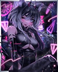 Rule 34 | 1girl, animal ears, black hair, breasts, cat ears, cat girl, catto (catnaps), clothing cutout, colored tips, commission, demon girl, demon horns, demon tail, grey eyes, grey hair, han (ateez hncrn), horns, indie virtual youtuber, large breasts, multicolored hair, one eye closed, open mouth, skeb commission, solo, tail, underboob cutout, virtual youtuber