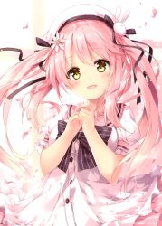 Rule 34 | 1girl, absurdres, beret, blush, bow, breasts, brown eyes, buttons, dress, fingernails, flower, frills, hair flower, hair ornament, hat, head tilt, highres, looking at viewer, medium breasts, mochizuki shiina, original, own hands together, petals, pink hair, scan, shiny skin, short sleeves, simple background, smile, solo, striped, upper body