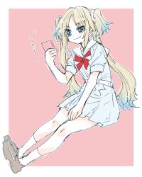 Rule 34 | 1girl, ankle socks, blonde hair, blue eyes, blue hair, border, brown footwear, closed mouth, dress, fang, flower, full body, gradient hair, hair flower, hair ornament, hand on lap, hand up, hasu no sora school uniform, highres, holding, holding phone, invisible chair, kanduki kamibukuro, light blue hair, link! like! love live!, loafers, long hair, looking at phone, love live!, medium dress, multicolored hair, neckerchief, osawa rurino, outline, outside border, pale color, parted bangs, phone, pink background, pleated dress, red neckerchief, sailor collar, sailor dress, school uniform, shoes, short sleeves, sitting, skin fang, smile, socks, solo, summer uniform, twintails, very long hair, virtual youtuber, white border, white dress, white flower, white outline, white sailor collar, white socks