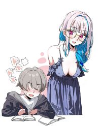 Rule 34 | 1boy, 1girl, age difference, arms behind back, bare shoulders, blue hair, blush, breasts, cleavage, dress, glasses, hair over eyes, highres, lize helesta, long hair, medium breasts, multicolored hair, nijisanji, open mouth, pencil, purple eyes, studying, two-tone hair, urokong, virtual youtuber, white background, white hair