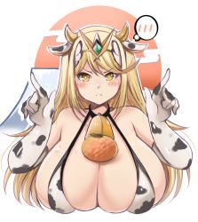 Rule 34 | 1girl, alternate costume, animal ears, animal print, bare shoulders, bell, bikini, blonde hair, blush, breasts, chinese zodiac, cleavage, cow, cow ears, cow print, elbow gloves, gem, gloves, hair ornament, headpiece, highres, huge breasts, jewelry, kurokaze no sora, large breasts, long hair, looking at viewer, mythra (xenoblade), nervous, sideboob, solo, swept bangs, swimsuit, tiara, tsundere, very long hair, xenoblade chronicles (series), xenoblade chronicles 2, year of the ox, yellow eyes