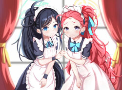 Rule 34 | 2girls, absurdly long hair, absurdres, apron, aris (blue archive), aris (maid) (blue archive), black hair, blue archive, blue eyes, blurry, bow, commentary request, curtains, depth of field, forehead, frilled apron, frills, hair bow, hair ribbon, halo, highres, holding hands, indoors, interlocked fingers, long hair, looking at viewer, maid, maid apron, maid headdress, multiple girls, official alternate costume, official alternate hairstyle, parted bangs, ponytail, red hair, ribbon, short sleeves, sidelocks, smile, uro30, very long hair, wavy hair, white apron, window, wristband, yuzu (blue archive), yuzu (maid) (blue archive)