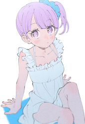 Rule 34 | 1girl, arm support, bare arms, bare shoulders, blunt bangs, bright pupils, closed mouth, commentary request, dress, frilled dress, frills, hair ornament, hair scrunchie, highres, homefuji, looking at viewer, manaka non, manaka non (normal), pretty series, pripara, purple eyes, purple hair, scrunchie, short hair, side ponytail, sitting, sleeveless, sleeveless dress, solo, white background, white dress, white pupils