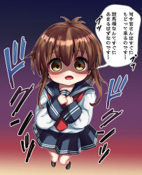 Rule 34 | 1girl, black sailor collar, black skirt, black socks, brown hair, commentary request, folded ponytail, foreshortening, full body, gradient background, hands on own chest, highres, inazuma (kancolle), kantai collection, kneehighs, long hair, looking at viewer, neckerchief, nukoyarou, plasma-chan (kancolle), pleated skirt, red neckerchief, sailor collar, school uniform, serafuku, shaded face, skirt, socks, solo, translation request