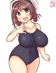 Rule 34 | 1girl, ahoge, alternate costume, artist logo, bandana, braid, braided hair rings, breasts, brown hair, chougei (kancolle), commentary request, competition school swimsuit, covered navel, cowboy shot, dated, grey eyes, hair ornament, hair rings, hairclip, impossible clothes, impossible swimsuit, kanon (kurogane knights), kantai collection, large breasts, long hair, one-hour drawing challenge, school swimsuit, simple background, solo, standing, swimsuit, twin braids, white background