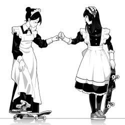 Rule 34 | 2girls, apron, commentary request, dress, closed eyes, fist bump, frills, full body, greyscale, hair bun, holding, holding skateboard, long dress, long sleeves, looking at another, maid, maid apron, maid headdress, monochrome, multiple girls, original, pantyhose, shoes, simple background, single hair bun, skateboard, sneakers, standing, suzushiro (suzushiro333), white background