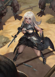 Rule 34 | 1girl, armor, armored dress, bleeding, blood, blood from mouth, blue eyes, boots, breasts, broken, broken sword, broken weapon, damaged, dirt, final fantasy, final fantasy xiv, furry, furry male, gloves, holding, holding weapon, hyur, lizardman, long hair, multiple boys, nipple slip, nipples, original, polearm, rock, scratches, shadow, silver hair, skirt, surrounded, sword, torn clothes, warrior of light (ff14), weapon, yan (situyan0303)