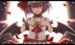 Rule 34 | 1girl, ascot, back bow, bat wings, bow, center frills, choker, collar, collarbone, collared shirt, commentary request, evil smile, fang, frilled collar, frilled headwear, frilled shirt, frilled wrist cuffs, frills, hair between eyes, hands on own chest, hat, hat ribbon, highres, letterboxed, looking at viewer, medium hair, nitoni, petals, puffy short sleeves, puffy sleeves, purple hair, red ascot, red bow, red choker, red eyes, red ribbon, red shirt, remilia scarlet, ribbon, shirt, short sleeves, single wrist cuff, smile, solo, touhou, upper body, wings, wrist cuffs