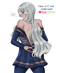 Rule 34 | 1girl, absurdres, arms behind back, ashe (league of legends), bare shoulders, blue dress, blue eyes, blue pantyhose, blush, breasts, cookie3w3, dress, english text, from behind, grey hair, heart, highres, league of legends, like and retweet, long hair, looking at viewer, medium breasts, meme, pantyhose, pleated dress, profile, simple background, solo, spoken blush, twitter strip game (meme), undressing, white background