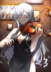 Rule 34 | 1girl, absurdres, ak-12 (girls&#039; frontline), alternate costume, black dress, blunt bangs, blurry, blurry background, breasts, brown background, bug, butterfly, cleavage, closed eyes, closed mouth, commentary request, cowboy shot, dress, facing viewer, girls&#039; frontline, halter dress, halterneck, han a o3o, highres, holding, holding instrument, holding violin, indoors, insect, instrument, long hair, medium breasts, music, nail polish, photo (object), playing instrument, red nails, side slit, sidelocks, sleeveless, smile, solo, standing, violin, wallpaper (object), white hair