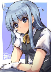Rule 34 | 10s, 1girl, ascot, blouse, blue eyes, blue hair, character name, collared shirt, gloves, hand on own cheek, hand on own face, hatsukaze (kancolle), head rest, kantai collection, long hair, looking at viewer, matching hair/eyes, school uniform, serafuku, shinshin, shirt, short sleeves, solo, twitter username, vest, white shirt, white gloves