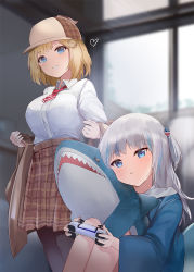 Rule 34 | 2girls, :t, bad id, bad pixiv id, blonde hair, blue eyes, blue hair, blue hoodie, blush, breasts, brown headwear, brown jacket, brown skirt, closed mouth, collared shirt, controller, game controller, gawr gura, grey hair, grin, hair ornament, hat, heart, holding, holding controller, holding game controller, hololive, hololive english, hood, hoodie, indoors, jacket, knees up, large breasts, long sleeves, mujinbensin, multicolored hair, multiple girls, necktie, off shoulder, one side up, pantyhose, plaid, plaid skirt, red necktie, resolution mismatch, shark hair ornament, shirt, short hair, sitting, skirt, smile, source smaller, standing, streaked hair, stuffed animal, stuffed shark, stuffed toy, virtual youtuber, watson amelia, white shirt