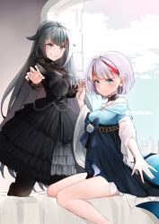 Rule 34 | 2girls, absurdres, admiral graf spee (a novel anniversary) (azur lane), admiral graf spee (azur lane), arescr, azur lane, bare shoulders, black choker, black dress, black hair, black pantyhose, blue bow, blue dress, blue eyes, bob cut, bow, breasts, chain, choker, cleavage, collarbone, deutschland (azur lane), deutschland (demon princess&#039; dark hour banquet) (azur lane), dress, dress bow, earrings, fins, fish tail, flower, frilled dress, frills, gothic lolita, hair flaps, highres, holding hands, jewelry, lolita fashion, long hair, long sleeves, looking at viewer, medium breasts, multicolored hair, multiple girls, official alternate costume, pantyhose, puffy long sleeves, puffy sleeves, rose, shark tail, shawl, short hair, sidelocks, simple background, strapless, strapless dress, streaked hair, tail, two-tone dress, white flower, white hair, white rose
