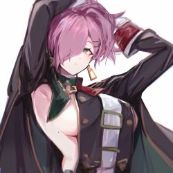 Rule 34 | 1girl, absurdres, armpits, arms up, azur lane, black coat, breasts, coat, earrings, green eyes, hair over one eye, highres, jewelry, large breasts, long hair, military, military uniform, mole, mole on breast, presenting armpit, purple hair, sideboob, simple background, solo, star (ensm7883), trieste (azur lane), uniform, white background