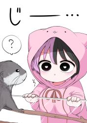 Rule 34 | :3, ?, absurdres, animal, animal hood, black eyes, black hair, breasts, heart, heart-shaped pupils, highres, hood, hood up, large breasts, multicolored hair, oppai loli, original, otter, purple hair, simple background, split-color hair, symbol-shaped pupils, two-tone hair, white background, zurikishi