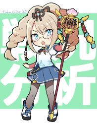 Rule 34 | 1girl, abacus, blonde hair, blue eyes, chibi, chinese clothes, determined, dragalia lost, fukumitsu 0025, full body, glasses, holding, holding weapon, long hair, open mouth, pantyhose, weapon, xiao lei