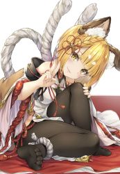 Rule 34 | 1girl, absurdres, animal ear fluff, animal ears, bare shoulders, black pantyhose, blonde hair, blunt bangs, blush, braid, breasts, detached sleeves, dog ears, erune, fang, granblue fantasy, hair ornament, highres, hyouta (yoneya), japanese clothes, katana, looking at viewer, medium breasts, open mouth, pantyhose, short hair, sitting, smile, solo, sword, tail, toes, v, vajra (granblue fantasy), weapon, white background