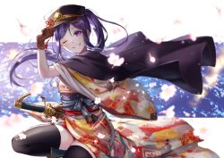 Rule 34 | 1girl, black hair, cape, cherry blossoms, gloves, hat, japanese clothes, kimono, lma, long hair, looking at viewer, love live!, love live! school idol festival, love live! sunshine!!, matsuura kanan, one eye closed, ponytail, purple eyes, smile, solo, sword, teeth, thighhighs, weapon, wind