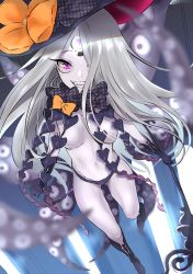 Rule 34 | 1girl, abigail williams (fate), abigail williams (third ascension) (fate), absurdres, artist request, bare shoulders, black bow, black headwear, black panties, blue background, blurry, bow, breasts, colored skin, depth of field, fate/grand order, fate (series), forehead, glowing, glowing eye, gradient background, grin, hair over one eye, hat, highres, key, keyhole, legs, long hair, multiple bows, navel, orange bow, panties, parted bangs, pink eyes, sharp teeth, small breasts, smile, staff, teeth, tentacles, third eye, underwear, white hair, white skin, witch hat