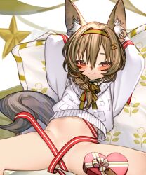 1girl animal_ear_fluff animal_ears arknights beanstalk_(arknights) beanstalk_(gift_uncompleted)_(arknights) bell blush bottomless braid brown_hair commentary_request cropped_sweater dress green_dress green_hairband green_ribbon hair_between_eyes hair_ornament hairband hairclip highres hyena_ears hyena_girl hyena_tail kochiya_(gothope) large_ears long_hair long_sleeves looking_at_viewer navel_peek neck_bell neck_garter off-shoulder_sweater off_shoulder official_alternate_costume red_eyes ribbon ribbon_censor smile solo spread_legs striped_clothes striped_hairband sweater white_sweater