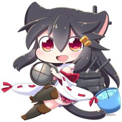 Rule 34 | 10s, 1girl, :d, animal ears, black hair, boots, bucket, bucket of water, cannon, cat ears, cat tail, chibi, commentary request, fang, flashlight, hair ornament, hairclip, haruna (kancolle), kantai collection, kemonomimi mode, knee boots, long hair, nontraditional miko, open mouth, red eyes, ribbon, smile, solo, tail, tsukko (3ki2ne10), turret, twitter username, white background