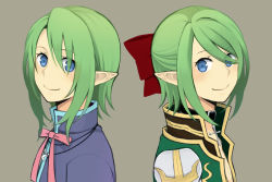 Rule 34 | 2boys, acolyte (ragnarok online), alternate color, black coat, blue capelet, blue eyes, bow, bowtie, brown background, capelet, closed mouth, coat, commentary request, green coat, green hair, hair bow, high priest (ragnarok online), layered clothes, looking at viewer, looking to the side, male focus, medium hair, multicolored coat, multiple boys, pink bow, pink bowtie, pointy ears, ragnarok online, red bow, simple background, smile, tsuki miso, two-tone coat, upper body, white coat