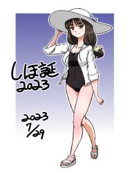Rule 34 | 1girl, 2023, alternate hairstyle, birthday, black eyes, black hair, black one-piece swimsuit, blue background, blue bow, bow, character name, closed mouth, commentary, covered navel, dated, full body, girls und panzer, gradient background, hair ribbon, hand on headwear, hat, hat bow, hood, hood down, hoodie, long hair, looking at viewer, low-tied long hair, mature female, nishizumi shiho, one-piece swimsuit, open clothes, open hoodie, outline, ribbon, sandals, sleeves rolled up, smile, sun hat, swimsuit, takahashi kurage, translated, walking, white footwear, white headwear, white hoodie, white outline, yellow ribbon