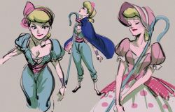 Rule 34 | 3girls, beige background, blonde hair, blue cape, bo peep (toy story), breasts, cape, commentary, disney, dress, dual persona, expressionless, closed eyes, frilled sleeves, frills, full body, hair ribbon, hairband, hat, highres, holding, holding staff, light smile, looking away, looking up, masso, medium breasts, multiple girls, multiple views, pink dress, pink hairband, pink headwear, pink ribbon, pixar, polka dot, polka dot dress, profile, puffy short sleeves, puffy sleeves, red lips, ribbon, short hair, short sleeves, simple background, smile, staff, standing, toy story, upper body, v-shaped eyebrows