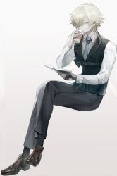 Rule 34 | 1boy, aqua necktie, arknights, black gloves, black pants, black socks, black vest, blonde hair, book, crossed legs, cup, disposable cup, drinking, enforcer (arknights), fingerless gloves, full body, gloves, grey background, hair between eyes, halo, highres, holding, holding book, holding cup, invisible chair, koio, long sleeves, male focus, necktie, pants, purple eyes, shirt, simple background, single glove, sitting, socks, solo, vest, white shirt