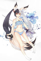 Rule 34 | 10s, 1girl, animal ear fluff, animal ears, animal hands, barefoot, bikini, blade &amp; soul, claws, fox ears, glasses, highres, long hair, lyn (blade &amp; soul), multicolored hair, navel, red eyes, smile, solo, striped bikini, striped clothes, swimsuit, sword, tail, twintails, two-tone hair, unworn eyewear, very long hair, weapon