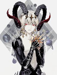 Rule 34 | 1boy, claws, diadem, earrings, goat horns, grey background, hair between eyes, horns, interlocked fingers, jewelry, looking at viewer, male focus, monster boy, oollnoxlloo, original, own hands clasped, own hands together, parted lips, planet, red eyes, solo, star (symbol), upper body, white hair