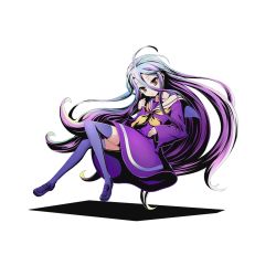 Rule 34 | 10s, 1girl, ahoge, alpha transparency, blue thighhighs, collarbone, divine gate, dress, floating hair, full body, hair between eyes, long hair, looking at viewer, multicolored hair, no game no life, official art, purple dress, purple hair, red eyes, shadow, shiro (no game no life), silver hair, solo, thighhighs, transparent background, two-tone hair, ucmm, very long hair