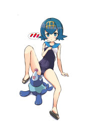Rule 34 | 1girl, arm support, bare shoulders, black eyes, blue eyes, blue hair, blue one-piece swimsuit, blue sailor collar, blush, bob cut, breasts, bright pupils, brown footwear, cameltoe, clothes lift, collarbone, covered navel, creatures (company), female focus, full body, game freak, gen 7 pokemon, hairband, hand up, happy, head back, highres, knee up, lana (pokemon), leaning forward, lifting own clothes, looking at viewer, looking up, matching hair/eyes, nintendo, one-piece swimsuit, open mouth, pokemon, pokemon (creature), pokemon sm, popplio, sailor collar, sandals, shirt, shirt lift, short hair, sidelocks, simple background, sitting, sleeveless, sleeveless shirt, small breasts, smile, solo focus, speech bubble, spoken blush, spread legs, swimsuit, tenjou ryuka, white background, white pupils, white shirt, yellow hairband