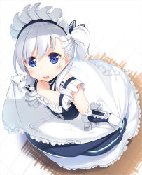 Rule 34 | 1girl, :d, apron, azur lane, little bel (azur lane), belfast (azur lane), blue dress, blue eyes, blush, bow, braid, breasts, collarbone, commentary request, dress, elbow gloves, frilled apron, frills, from above, gloves, highres, long hair, looking at viewer, looking up, maid headdress, olive (laai), one side up, open mouth, silver hair, sleeveless, sleeveless dress, small breasts, smile, solo, standing, white apron, white background, white bow, white gloves, aged down