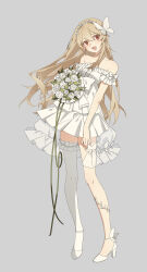 Rule 34 | 1girl, absurdres, asymmetrical legwear, bare shoulders, blonde hair, blush, bouquet, breasts, butterfly hair ornament, dress, flower, green ribbon, grey background, hair flower, hair ornament, high heels, highres, holding, holding bouquet, lai dou laile 555, long hair, looking at viewer, nijisanji, nijisanji en, open mouth, pomu rainpuff, red eyes, ribbon, simple background, single thighhigh, small breasts, smile, solo, thighhighs, virtual youtuber, white dress, white footwear