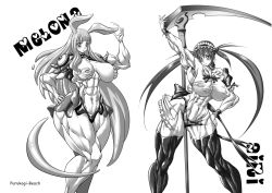 Rule 34 | abs, airi (queen&#039;s blade), biceps, breasts, extreme muscles, melona (queen&#039;s blade), monochrome, muscular, purukogi (plasma beach), queen&#039;s blade, simple background, torn clothes