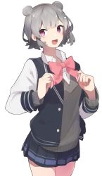Rule 34 | 1girl, adjusting bowtie, blazer, blue jacket, blue skirt, bow, bowtie, cevio, commentary, cowboy shot, double bun, film grain, grey hair, grey sweater, hair bun, hair ornament, hairclip, hands up, highres, jacket, koharu rikka, looking at viewer, miniskirt, mo kiduti, open mouth, pink bow, pink bowtie, pleated skirt, purple eyes, school uniform, shirt, short hair, simple background, skirt, smile, solo, sweater, synthesizer v, white background, white shirt