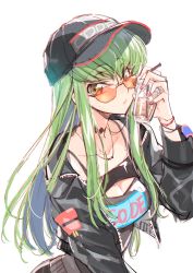 Rule 34 | 1girl, black headwear, black jacket, breasts, c.c., cleavage, code geass, creayus, cup, drink, drinking straw, glasses, green hair, hat, jacket, jewelry, long hair, looking at viewer, nail polish, necklace, wristband, yellow eyes