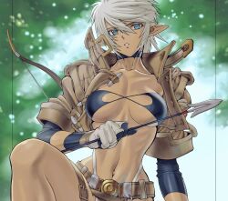 Rule 34 | 1girl, arrow (projectile), blue eyes, breasts, character request, dark-skinned female, dark skin, gloves, grey hair, highres, jacket, large breasts, legs, looking at viewer, navel, open clothes, open jacket, parted lips, pointy ears, short hair, solo, thighs, thong, toned, traditional media