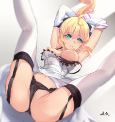 Rule 34 | 1girl, ahoge, artoria pendragon (all), artoria pendragon (fate), black bra, black panties, blonde hair, bra, breasts, breasts out, colored eyelashes, dress, elbow gloves, fate/stay night, fate/unlimited blade works, fate (series), gagged, garter straps, gloves, green eyes, highres, i.a.m.genesic, medium breasts, nipples, official alternate costume, panties, ponytail, restrained, saber (fate), solo, spread legs, thighhighs, underwear, white dress, white gloves, white thighhighs