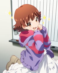 Rule 34 | 10s, 1girl, :d, artist request, brown eyes, brown hair, hood, hoodie, idolmaster, idolmaster million live!, jacket, looking at viewer, nonohara akane, official art, open mouth, short hair, smile, sparkle, striped clothes, striped hoodie