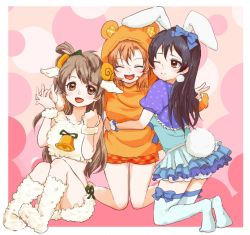 Rule 34 | 3girls, animal costume, animal ears, artist request, bear costume, bell, blue hair, blue thighhighs, closed eyes, collar, commentary request, girl sandwich, grey hair, hair between eyes, horns, kneeling, kosaka honoka, long hair, looking at viewer, love live!, love live! school idol project, minami kotori, multiple girls, neck bell, one eye closed, one side up, open mouth, orange hair, rabbit costume, rabbit ears, rabbit tail, ribbon, sandwiched, sheep costume, sheep ears, sheep horns, simple background, sitting, smile, sonoda umi, tail, thighhighs, yellow eyes