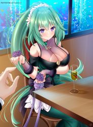 Rule 34 | 1girl, alcohol, artist name, blush, breast hold, breasts, champagne, champagne flute, choujigen game neptune, cleavage, corsage, cup, dress, drinking glass, fish tank, flower, green dress, green hair, green heart (neptunia), helvetica std, highres, large breasts, long hair, looking at viewer, neptune (series), ponytail, pov, purple eyes, purple flower, purple rose, reaching, reaching towards viewer, rose, shin jigen game neptune vii, smile, very long hair