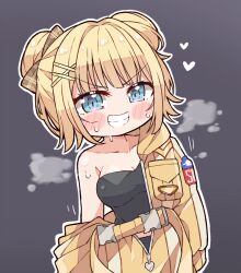 Rule 34 | 1girl, black tube top, blonde hair, blush stickers, chibi, commentary, double bun, english commentary, grin, hair bun, hair ornament, hairclip, highres, hololive, hololive english, kukie-nyan, looking at viewer, official alternate costume, official alternate hairstyle, short hair, smile, solo, spacesuit, strapless, sweat, tube top, very sweaty, virtual youtuber, watson amelia, watson amelia (astronaut)