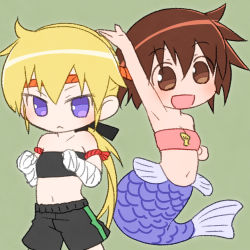Rule 34 | 2girls, :&lt;, :d, arm up, bandeau, blonde hair, brown eyes, brown hair, chibi, commentary request, headband, kill me baby, long hair, looking at viewer, low ponytail, mermaid, midriff, monster girl, monsterification, multiple girls, navel, open mouth, oribe yasuna, ponytail, purple eyes, sat-c, short hair, shorts, simple background, smile, sonya (kill me baby), wrist wrap