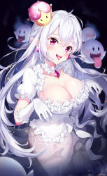 Rule 34 | 1girl, blush, breasts, brooch, cleavage, collar, collarbone, covered navel, crown, detached collar, dress, earrings, frilled collar, frilled dress, frilled gloves, frills, gem, ghost pose, gloves, hair between eyes, highres, jewelry, large breasts, long hair, looking at viewer, luigi&#039;s mansion, mario (series), narae, new super mario bros. u deluxe, nintendo, open mouth, pointy ears, princess king boo, purple eyes, see-through, sharp teeth, short sleeves, super crown, teeth, tongue, tongue out, white dress, white gloves, white hair