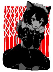 Rule 34 | 1girl, animal ears, apron, cat ears, cat girl, cevio, chikyuu no ura (cevio), commentary request, elevator door, feet out of frame, frilled apron, frills, greyscale with colored background, hair over shoulder, hands on own chin, hands up, juliet sleeves, knees up, long hair, long sleeves, looking at viewer, maid, maid headdress, mitty3302004, outside border, puffy sleeves, solo, tongue, tongue out